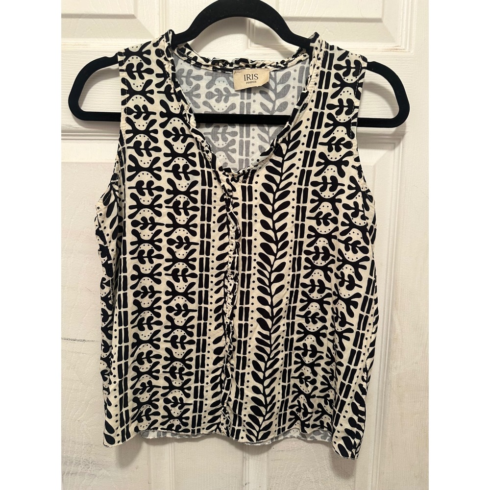 IRIS Firenze Black White Geometric Botanical Print Viscose Sleeveless Top Italy